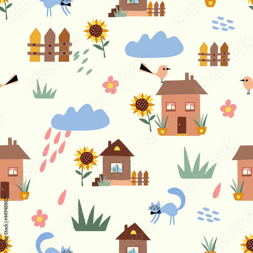 Seamless pattern of houses, sunflower, cat, bird, clouds, grass on a light yellow background. For wallpaper, print, fabric, textiles, website. Vector eps10