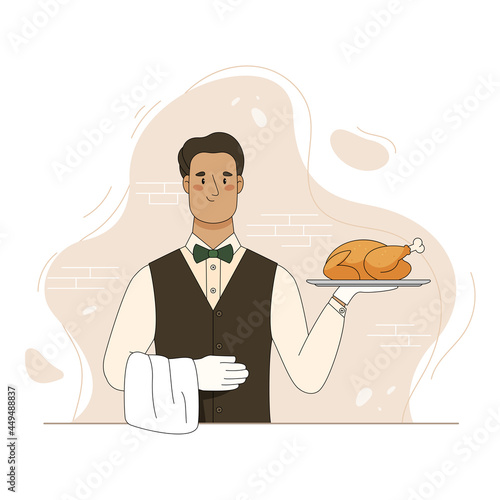 Cartoon waiter holding serving tray with baked bird. Vector flat illustration
