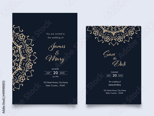 Wedding Invitation Cards Template Layout With Mandala Pattern On Grey Background.