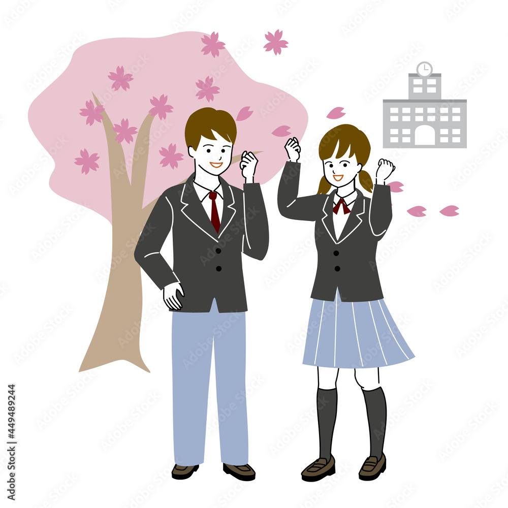 桜の樹の下でガッツポーズをする学生男女二人のベクターイラスト 桜の樹の下でガッツポーズをする学生男女二人のベクターイラスト