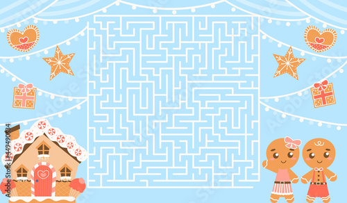 Printable christmas worksheet for kids with cartoon style gingerbread characters and house, help to find right way, labyrinth for children books with xmas cookies