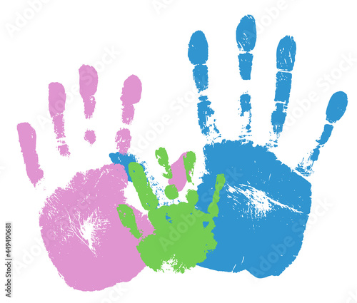 Hand prints of family. Texture of handprints of mother, father and baby. Human fingers and palm of hands. Vector illustration