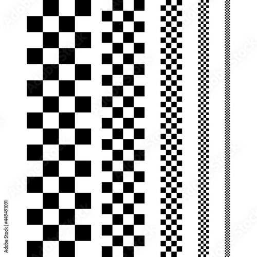 Checker stripes samples. Vector vertical chess tile lines. Seamless checker squares inline and different sizes. Isolated checker decor stripes. photo