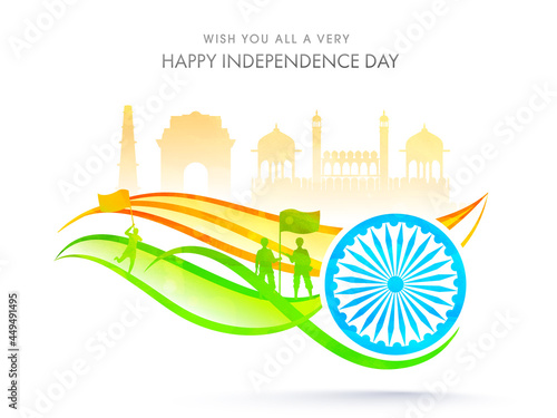 Happy Independence Day Concept With Ashoka Wheel, Silhouette Human Holding Flag And Famous Monument On White Background.