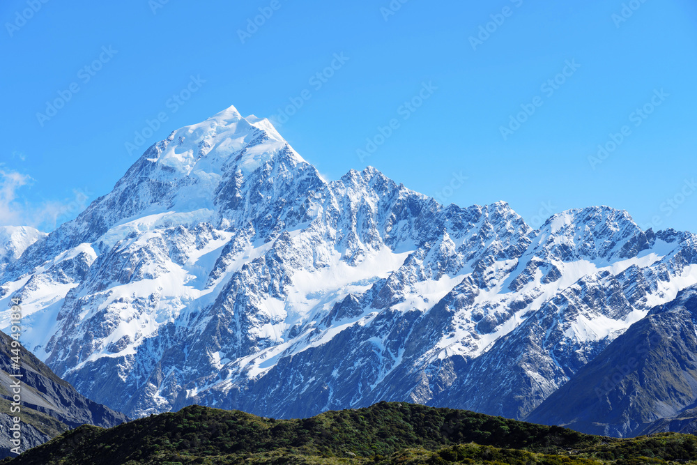 Close-up of beautiful snow-capped Mount Cook, New Zealand