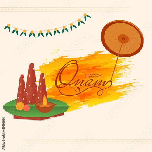 Happy Onam Celebration Concept With Olakkuda (Umbrella), Thrikkakara Appan Idol, Lit Oil Lamp And Orange Brush Effect On Beige Background. photo