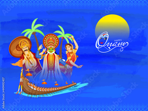 Happy Onam Celebration Backgroun With King Mahabali, Kathakali, Woman Dancer And Vallam Kali (Snake Boat) Illustration. photo