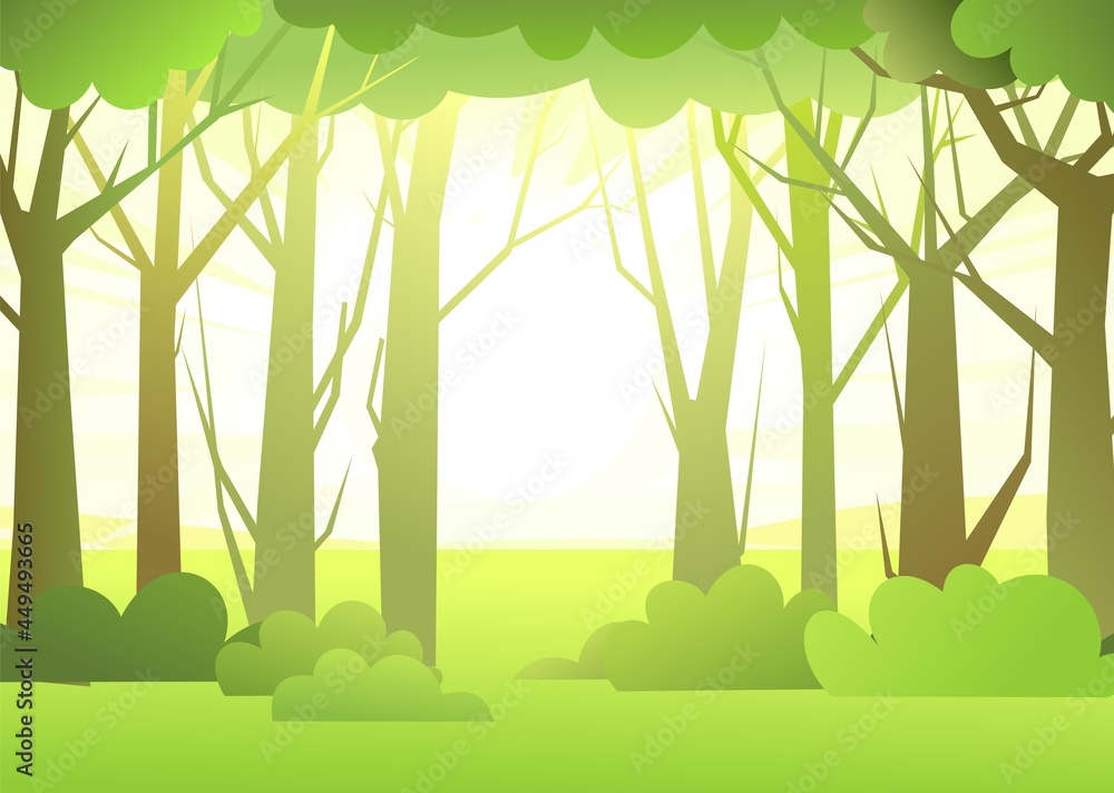 Forest landscape. Dense wild trees with tall, branched trunks. Sunrise. Summer green landscape. Flat design. Cartoon style. Vector