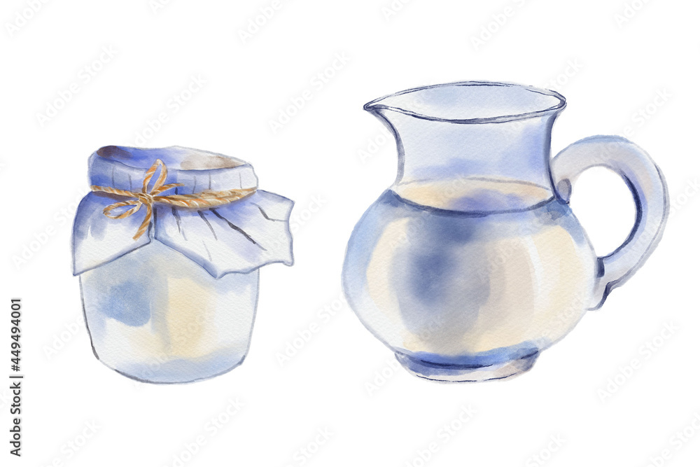 Milk jug and soured cream illustration. Isolated on white background. Digital watercolor. Milk jug and soured cream illustration. Isolated on white background. Digital watercolor.