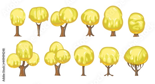 Set of fabulous sweet trees. For landscapes with yellow caramel, ice cream or jelly. Perspiration. Childrens fun illustration. Cartoon style. Vector.