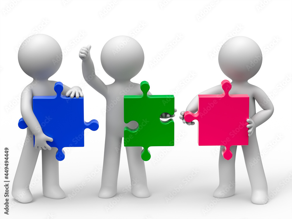 three 3d men holding different jigsaws three 3d men holding different jigsaws