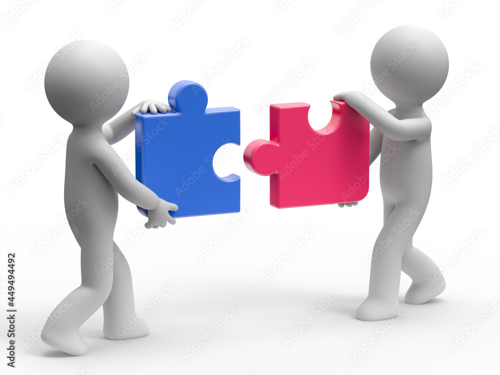 two 3d men completing two pieces of jigsaw two 3d men completing two pieces of jigsaw