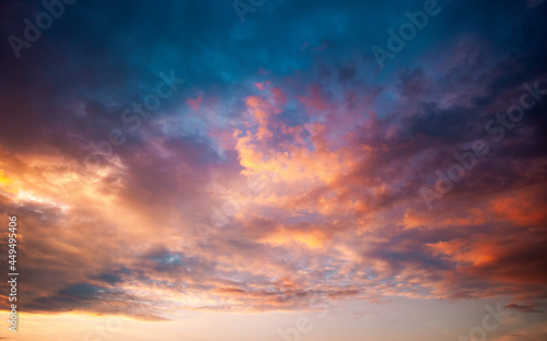 Incredible colorful sunset with cloudy sky. Photo of textured sky. © Leonid Tit