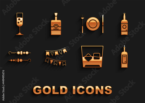 Set Carnival garland with flags, Beer bottle, Bottle of wine, Glass whiskey ice cubes, Grilled shish kebab, Plate, fork knife, champagne and Whiskey icon. Vector