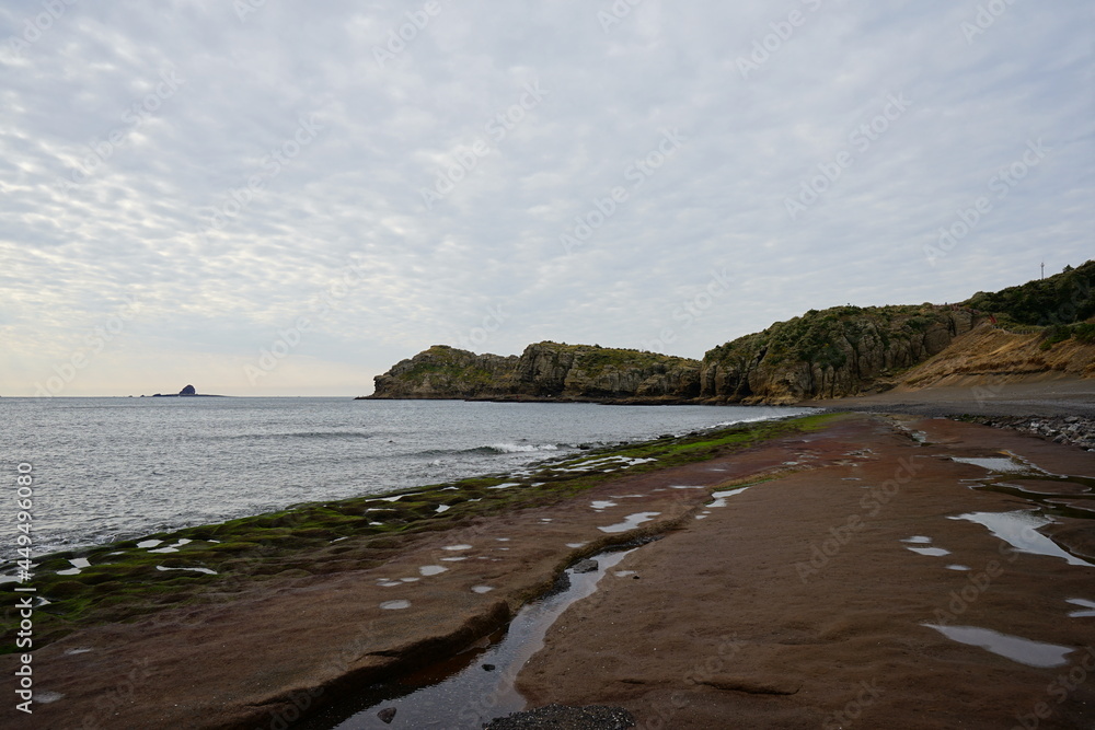 a rock coast and distant island