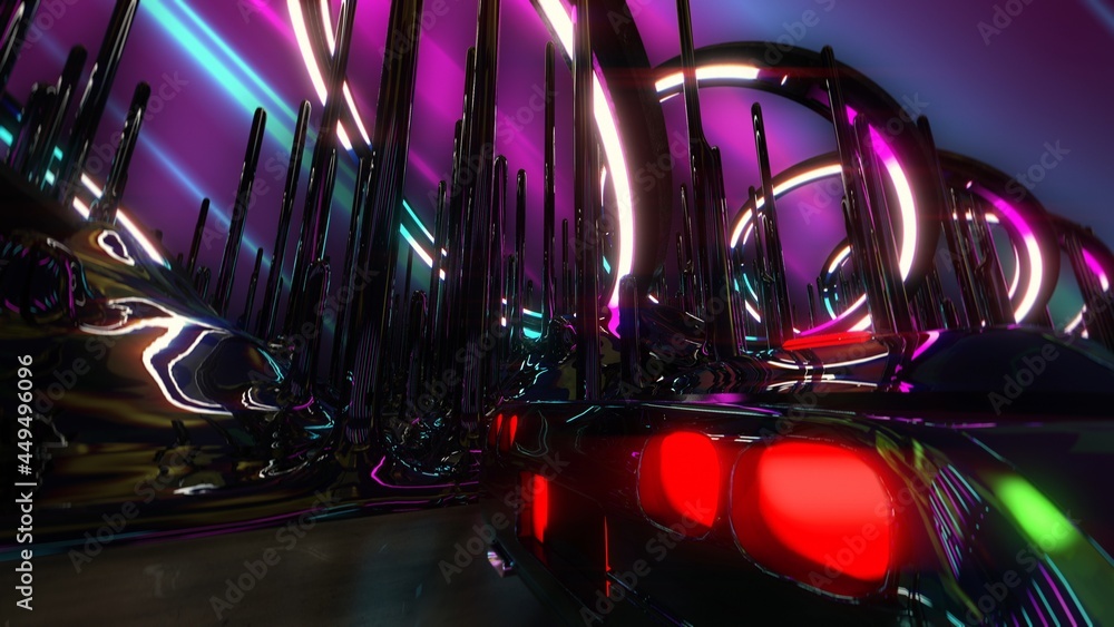 Close-up of car stop lights riding in neon lit tunnel, music video background. 3d illustration Close-up of car stop lights riding in neon lit tunnel, music video background. 3d illustration