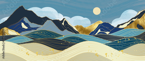 Gold mountain wallpaper design with landscape line arts, Golden luxury background design for cover, invitation background, packaging design, wall arts, fabric, and print. Vector illustration.