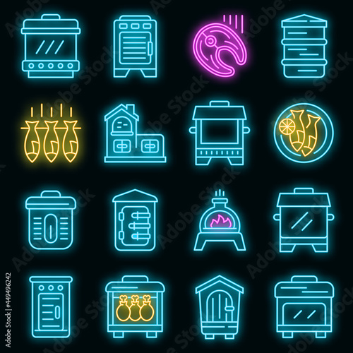 Smokehouse icons set. Outline set of smokehouse vector icons neon color on black