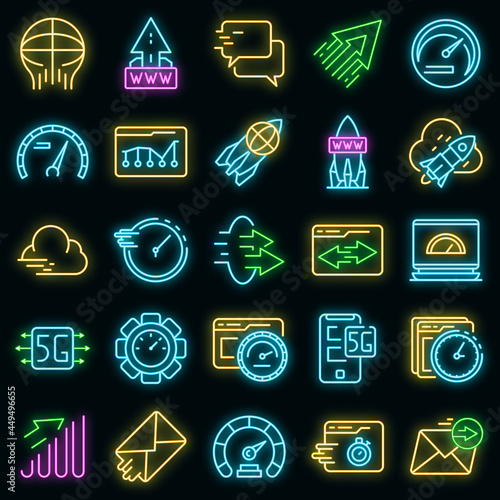 Internet speed icons set. Outline set of internet speed vector icons neon color on black