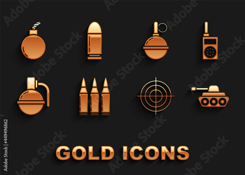 Set Bullet, Walkie talkie, Military tank, Target sport for shooting competition, Hand grenade, Bomb ready to explode and icon. Vector