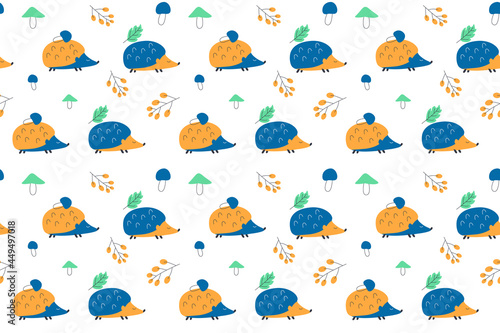 Seamless pattern of blue and orange hedgehogs with berries, mushrooms, leaves on a white background. Creative children's texture. Vector illustration is great for fabric, textiles, prints, T-shirts