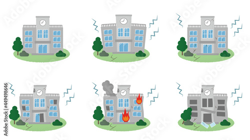 地震の被害に遭う学校のベクターイラストセット
