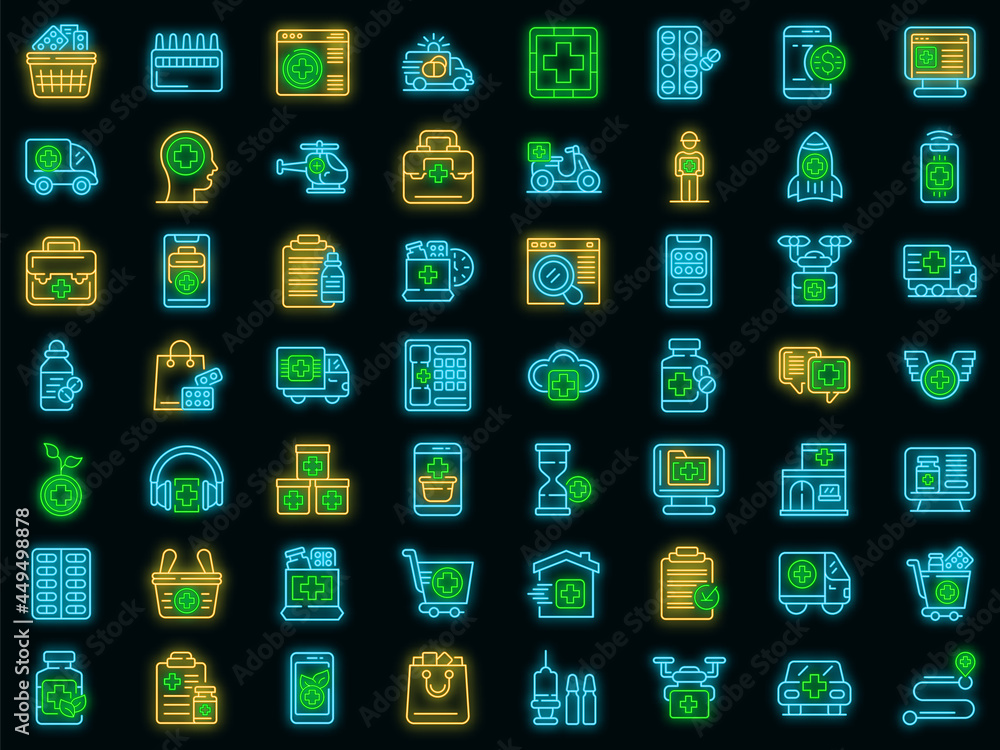 Drug delivery icons set. Outline set of drug delivery vector icons neon color on black Drug delivery icons set. Outline set of drug delivery vector icons neon color on black