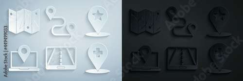 Set Infographic of city map navigation, Map pointer with star, Laptop location marker, Medical cross hospital, Route and Folded icon. Vector