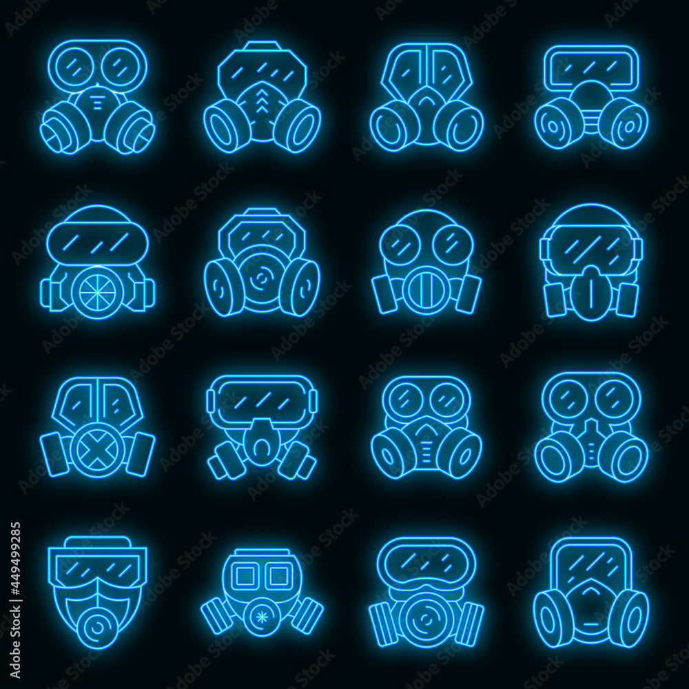 Gas mask icons set. Outline set of gas mask vector icons neon color on black Gas mask icons set. Outline set of gas mask vector icons neon color on black