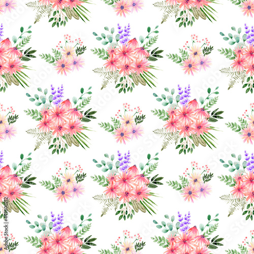 Watercolor seamless pattern with various decorative flowers and leaves