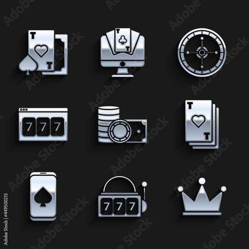 Set Casino chips and stacks money cash, Slot machine with lucky sevens jackpot, Crown, Playing card heart, Online poker table game, slot, roulette wheel and icon. Vector