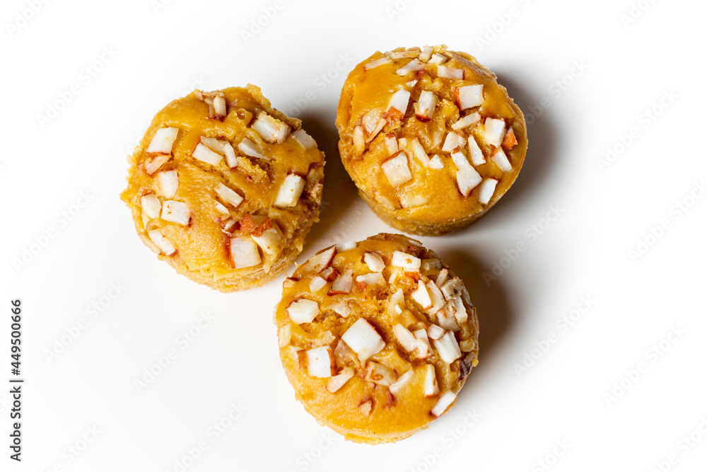 3 pieces popular and yummy traditional cake made with raw ripe palmyra palm fruit juice. Steamed palmyra palm cake in isolated white background. 3 pieces popular and yummy traditional cake made with raw ripe palmyra palm fruit juice. Steamed palmyra palm cake in isolated white background.