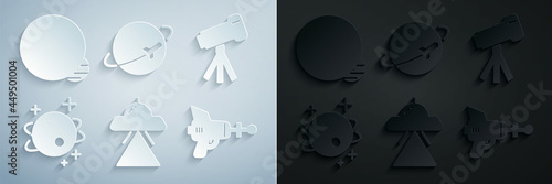 Set UFO flying spaceship, Telescope, Planet, Ray gun, and icon. Vector