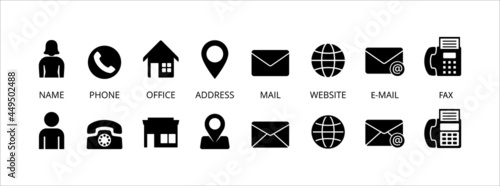 Set of contact vector icon. Business card contact icon set. Contains icon such as person, phone, office, address, fax machine, website and more