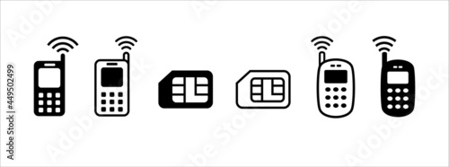 Old mobile phone vector icon set. Subscriber Identity Module card mobile phone illustration.