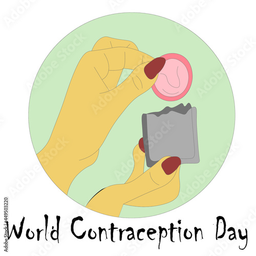 World Contraception Day. World Condom Day. World Sexual Health Day. In the hands of a condom for safe sex. Safe sexual behavior. Vector illustration in a flat style.World AIDS Day, Sex Shop.