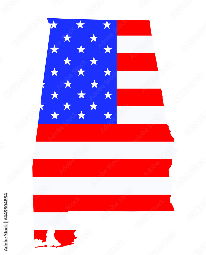 Alabama state map vector silhouette illustration. United States of America flag over Alabama map. USA, American national symbol of pride and patriotism. Vote election campaign banner. Alabama state map vector silhouette illustration. United States of America flag over Alabama map. USA, American national symbol of pride and patriotism. Vote election campaign banner.