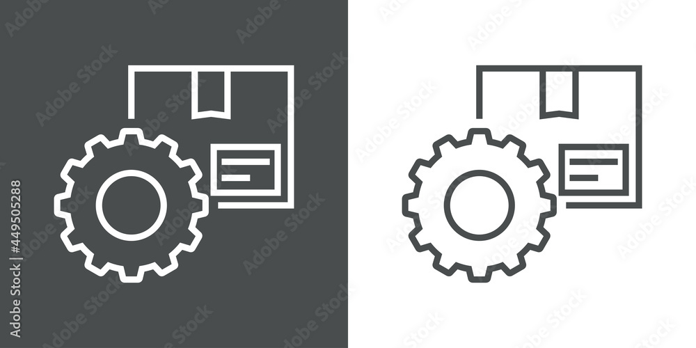 Configuracion envio. Icono plano caja de cartón con engranaje con lineas en fondo gris y fondo blanco Configuracion envio. Icono plano caja de cartón con engranaje con lineas en fondo gris y fondo blanco