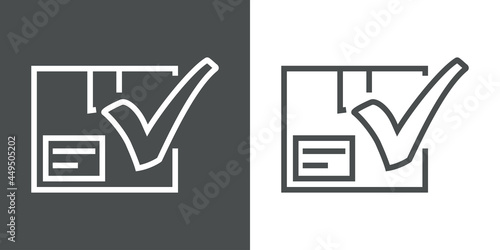 Envio aceptado. Icono plano caja de cartón con cheque de casilla de verificación con lineas en fondo gris y fondo blanco
