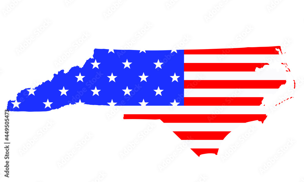 North Carolina state map vector silhouette illustration. United States of America flag over North Carolina map. USA, American national symbol of pride and patriotism. Vote election campaign banner.