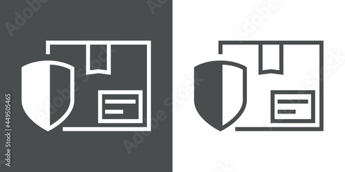 Envio seguro. Icono plano caja de cartón con escudo con lineas en fondo gris y fondo blanco