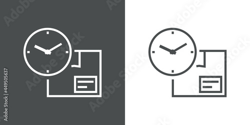 Envio urgente. Icono plano caja de cartón con esfera de reloj simple con lineas en fondo gris y fondo blanco