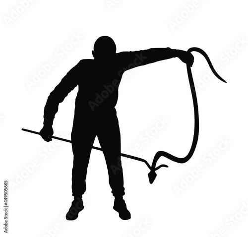 Brave man catching snake with stick vector silhouette illustration isolated on white background. Poison snake control. Deadly venom snake serpent catch for medicine pharmacy. Removal danger intruder.