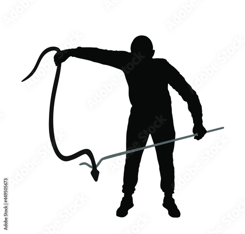 Brave man catching snake with stick vector silhouette illustration isolated on white background. Poison snake control. Deadly venom snake serpent catch for medicine pharmacy. Removal danger intruder.