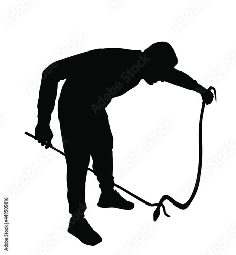 Brave man catching snake with stick vector silhouette illustration isolated on white background. Poison snake control. Deadly venom snake serpent catch for medicine pharmacy. Removal danger intruder.