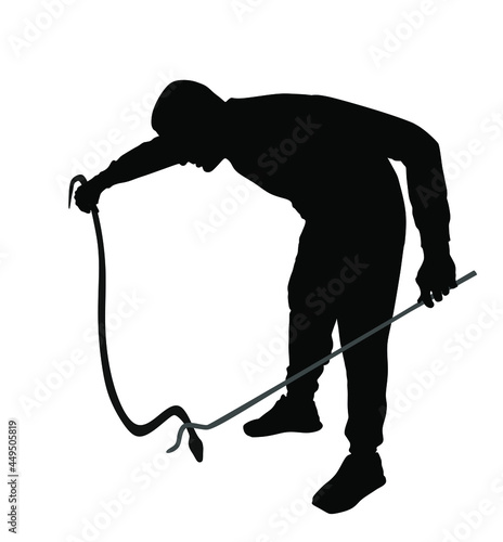 Brave man catching snake with stick vector silhouette illustration isolated on white background. Poison snake control. Deadly venom snake serpent catch for medicine pharmacy. Removal danger intruder.