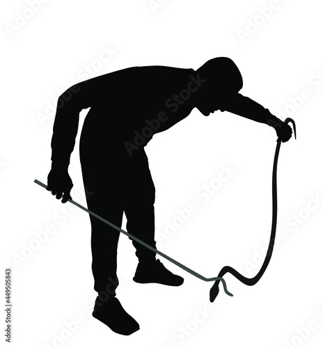 Brave man catching snake with stick vector silhouette illustration isolated on white background. Poison snake control. Deadly venom snake serpent catch for medicine pharmacy. Removal danger intruder.