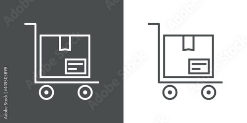 Símbolo almacenaje. Icono caja de cartón en carretilla de mano con lineas en fondo gris y fondo blanco
