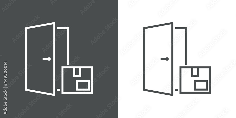 Símbolo entrega a la puerta. Icono plano paquete en puerta abierta con lineas en fondo gris y fondo blanco Símbolo entrega a la puerta. Icono plano paquete en puerta abierta con lineas en fondo gris y fondo blanco