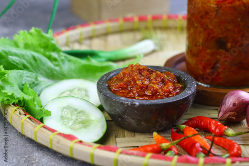 Sambal Terasi Masak or Indonesian traditional chili paste, made from chilies, tomato, garlic, shallot and some spices. 